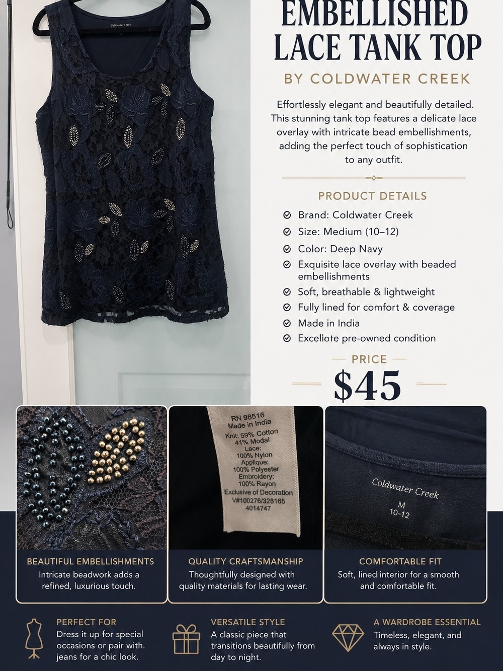 Coldwater Creek Embellished Lace Tank Top - Deep Navy
